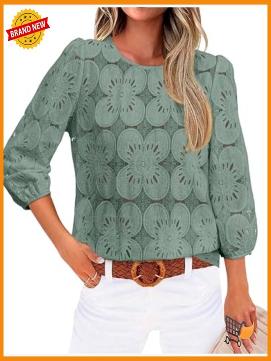 Lace Eyelet Blouse 3/4 Sleeve Bohemian Top Lightweight Summer T-Shirt - Picture 2 of 5